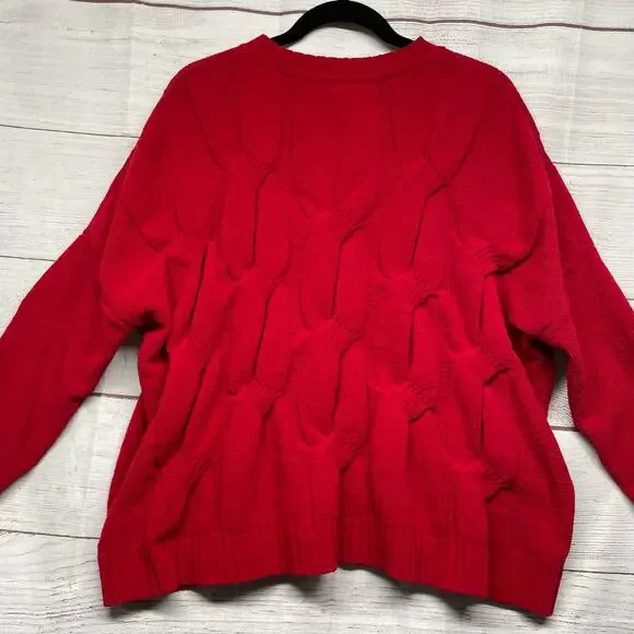 J. Jill Chenille Red Boxy Cropped Cable Knit Sweater Size L Petite - Picture 6 of 9